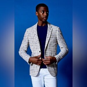 Paisley & Gray Dover Notch Jacket - Slim - Beige Navy Check - Size 38R